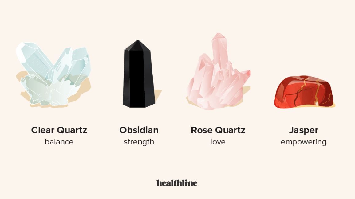 illustration of clear quartz, obsidian, rose quartz, and jasper