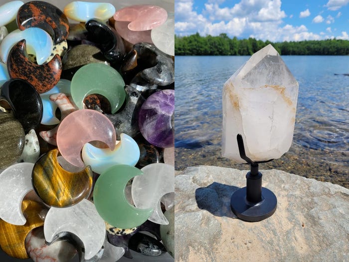 A pile of moon shaped crystals on the left, and a larger white crystal sitting on a rock by the water on the right from best places to buy crystals in 2022.