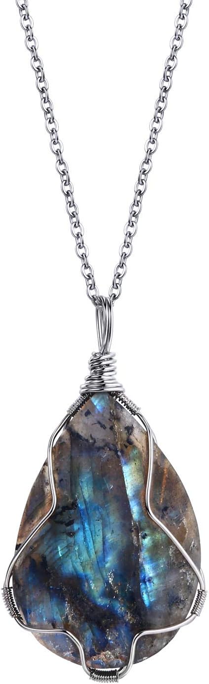 KISSPAT Labradorite Wire Wrap Pendant Necklace