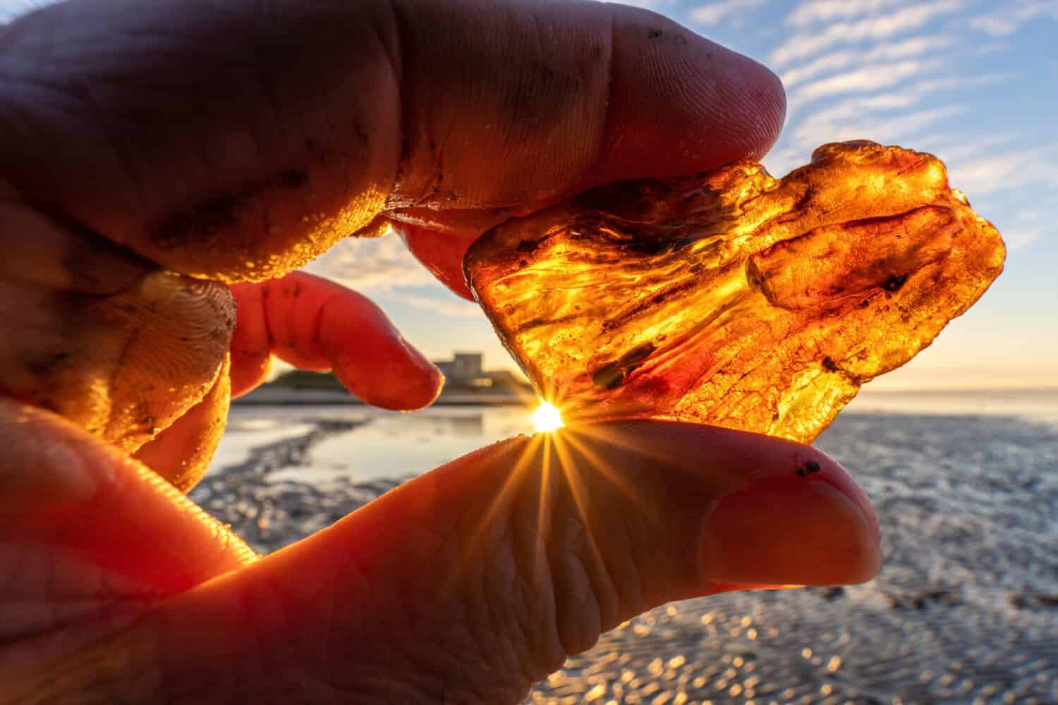 male hand holds recently found amber against the sun